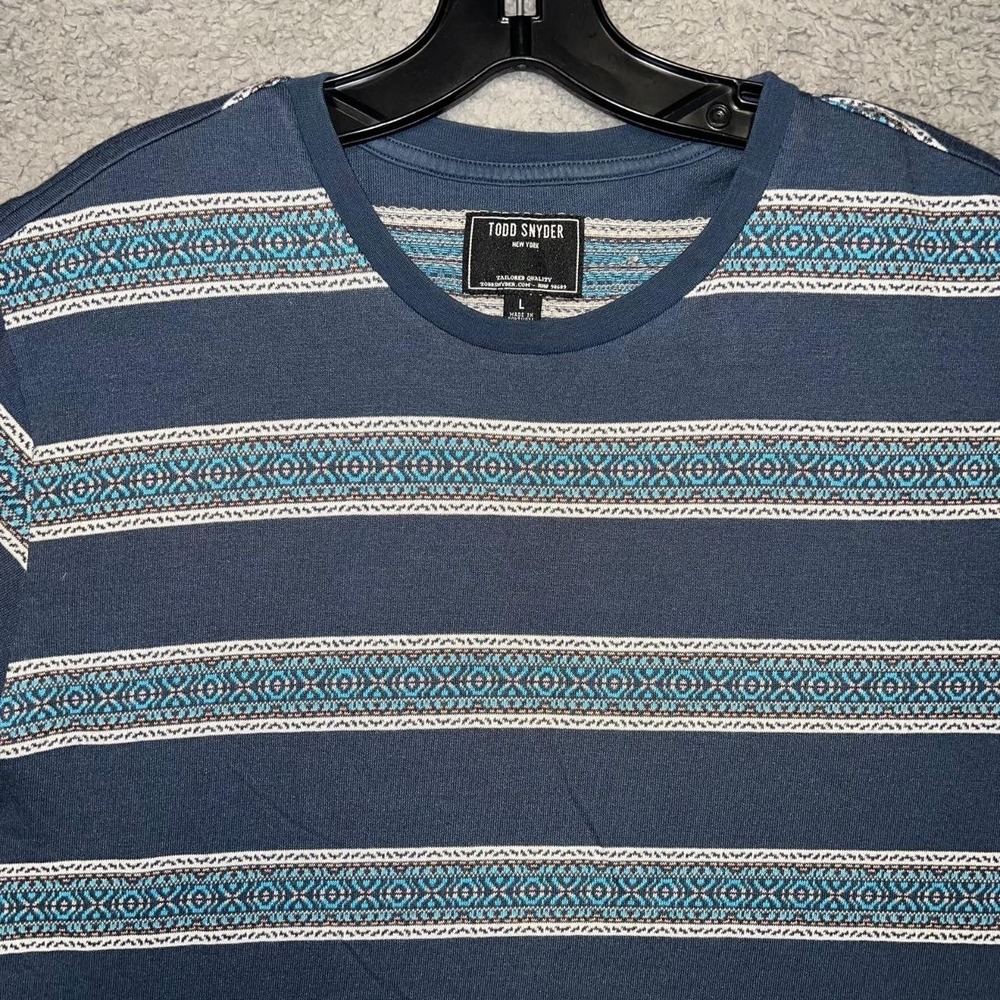 Todd Snyder T Shirt Men's Sz L Blue/Teal Striped Aztec Knit Made in Portugal Tee - Picture 3 of 9